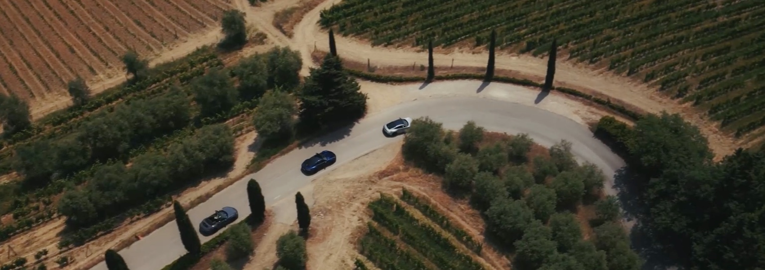 Cars on a winding road through vineyards